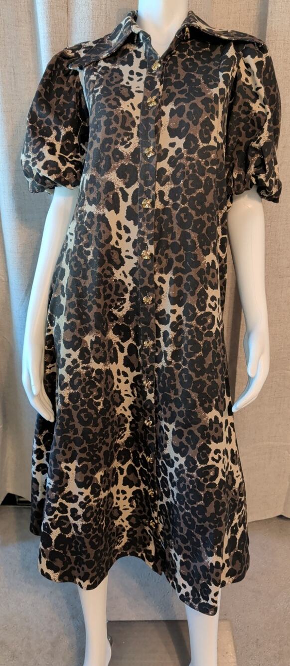 La Bohème Girls Peyton Midi Dress Leopard S/M Puffy Sleeves Gold Front Buttons